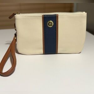 Stone & Co Cream Navy Leather Wristlet Zip Pouch Classic Stripe